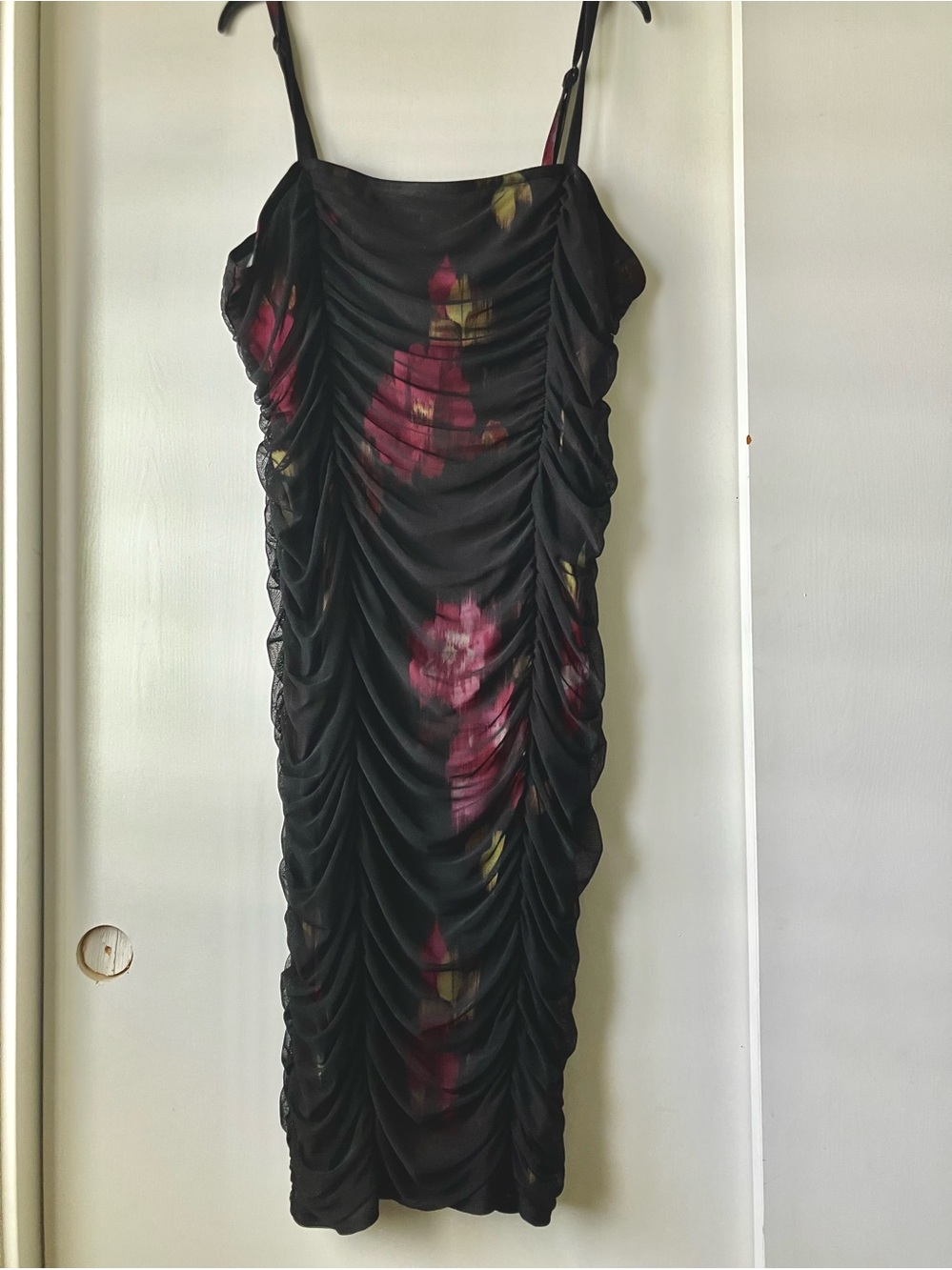 Torrid Black Floral Ruched Midi Dress with Pink Accents -Super flattering!!! - Picture 2 of 12